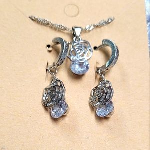 925S Flower CZ Necklace/Hoop Earrings Set